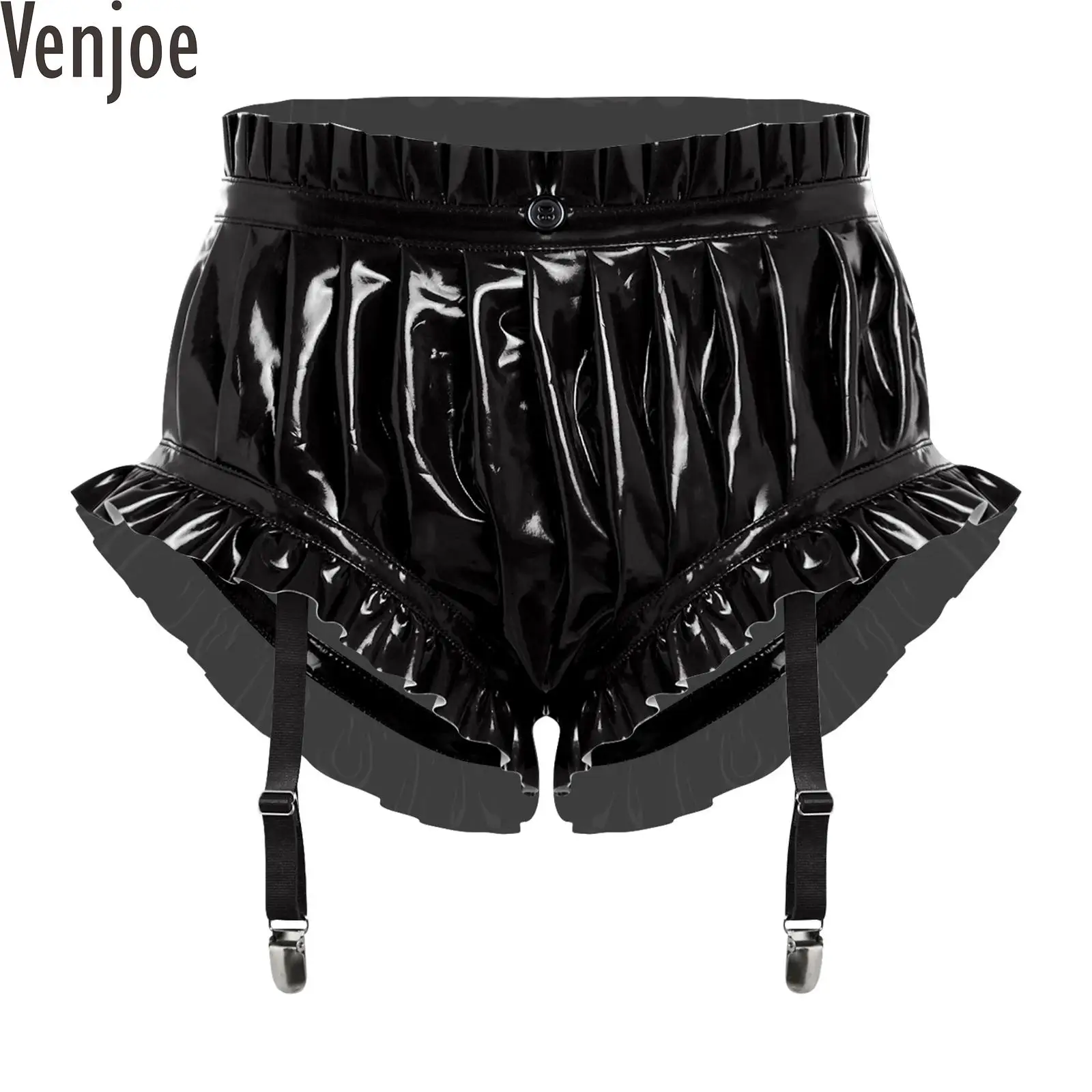 Womens Latex Lingerie Shorts Ruffle Trim with Garter Clips Ruched Bloomer Shorts Wet Look PU Leather Glossy Rave Party Clubwear