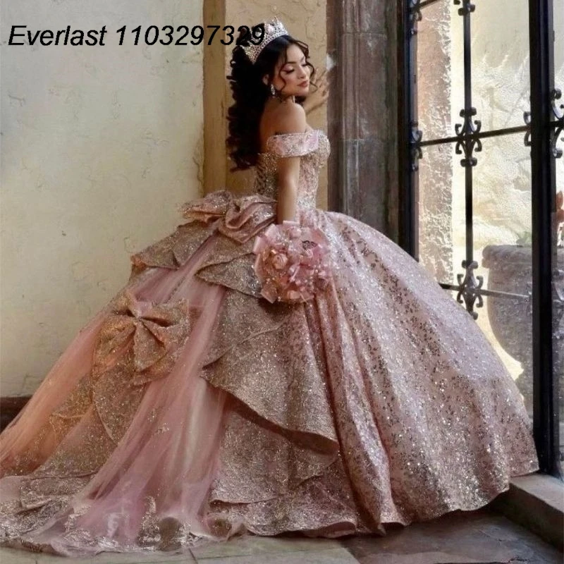 EVLAST Shiny Blush Pink Quinceanera Dress Ball Gown Sequins Applique Beading With Bow Corset Sweet 16 Vestido De 15 Anos TQD498