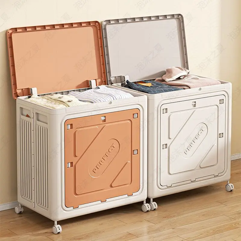 Foldable Storage Box With Wheels, Plastic Stackable Bin Lid, Front Opening Container For Clothes Toys, Home Bedroom Closet