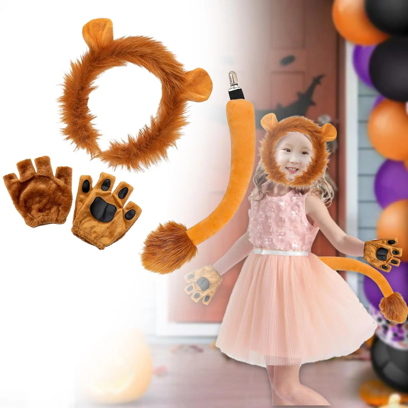 Halloween Lion Costume Set Lion Tail Paw Gloves Creative Headdress for Adults Carnival Birthday Festival Photo Props Cosplay
