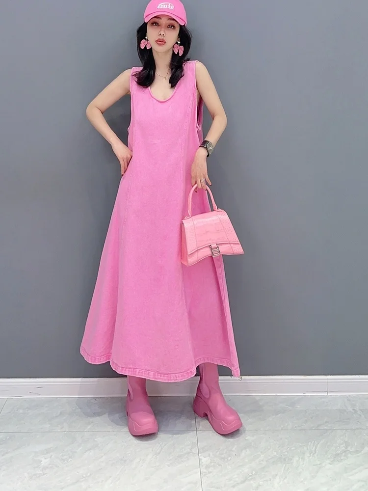 Vefadisa 2024 Spring Summer New Fashion Tank Top Long Dress Casual Coat Denim Set Pink Trendy Girl Women Matching Suit ZY557