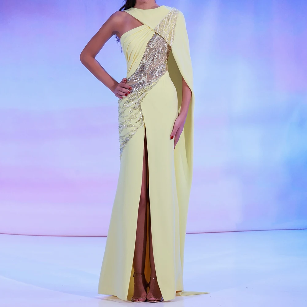 

Customized A-line Evening Dresses Floor-length O-neck Sleeveless Prom Gown Fashion Sequined Stole Simple Draped Party Gown
