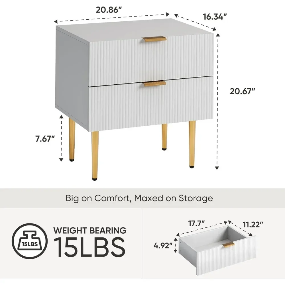 Nightstand, White Night Stand with Fluted Panel, Bedside Table with 2 Drawer, Large Mid Century Modern Nightstand with Gold Leg