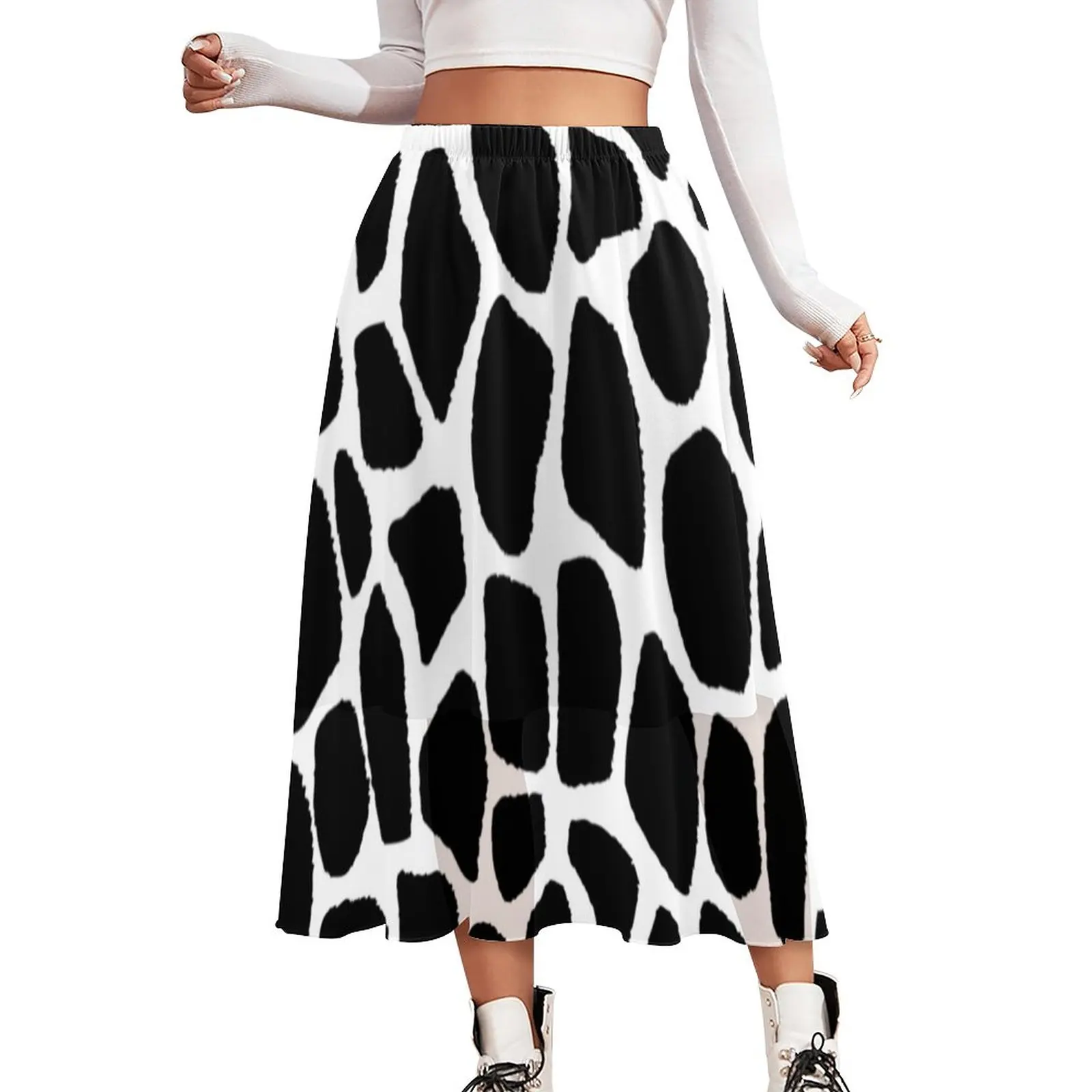 Black And White Giraffe Chiffon Skirt Animal Print Street Wear Long Skirts Female Vintage Boho Skirt Trendy Clothing Gift