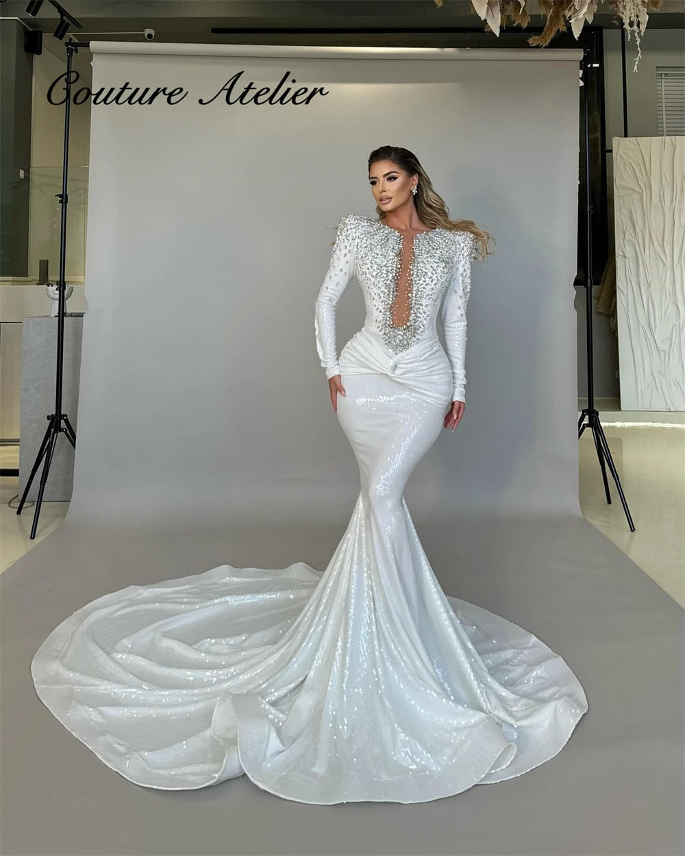 Newfangled Mermaid Wedding Dresses Luxury 2025 Long Sleeves Beaded Rhinestones Pleat Engagement Gowns robe de mariée Customized