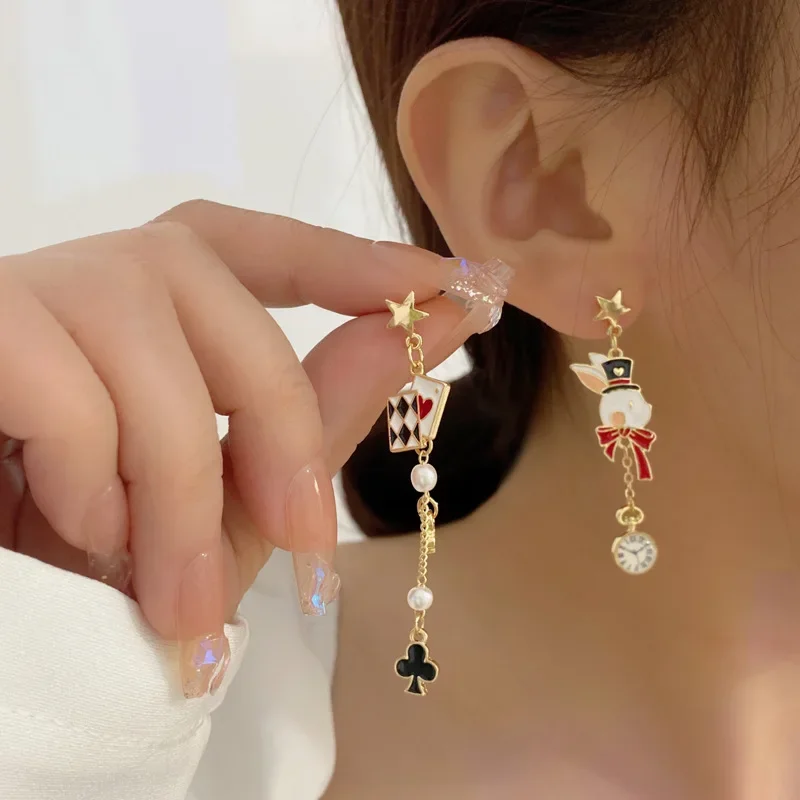 Self Designed S925 Needle Personality Funny Poker Earrings Cute Alice In Wonderland Little Rabbit Asymmetric Drop Earrings