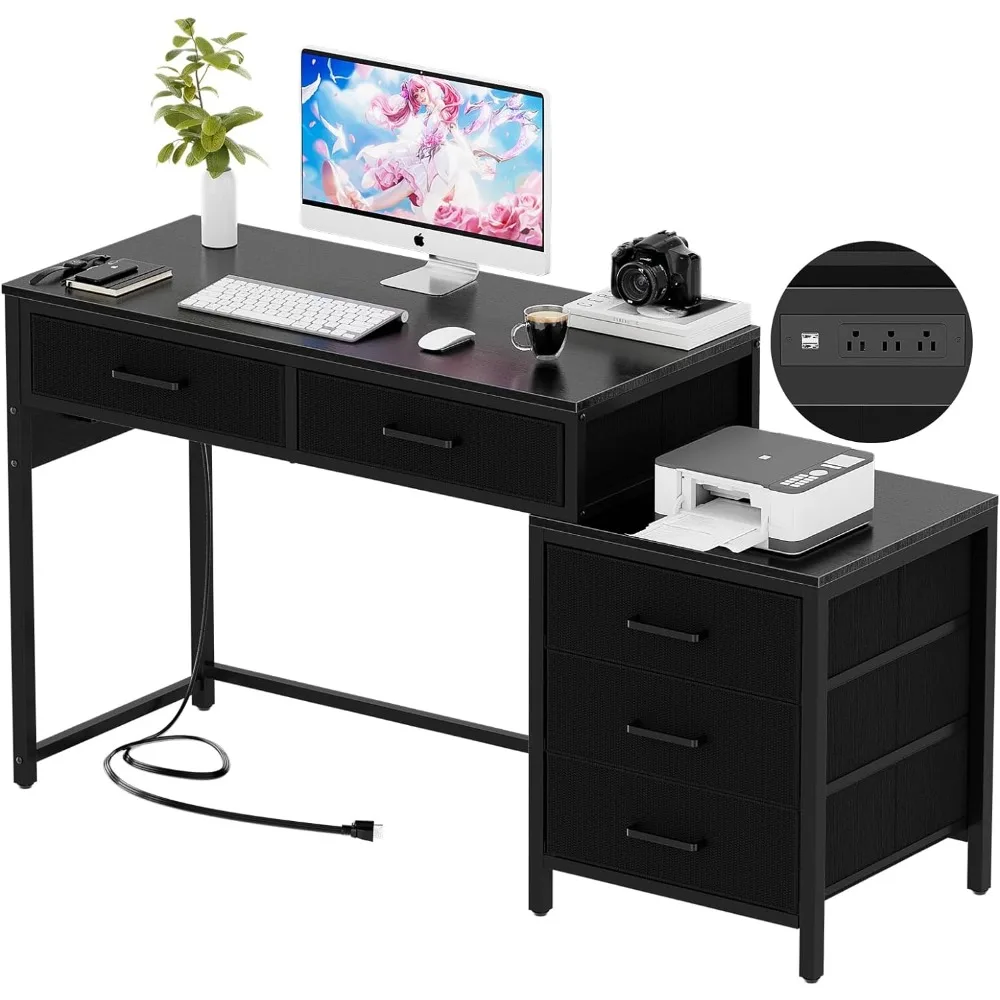 Reversible Computer Desk with 5 Drawers, Sturdy Office Desk with Power Outlets and USB Ports, Corner Writing Table