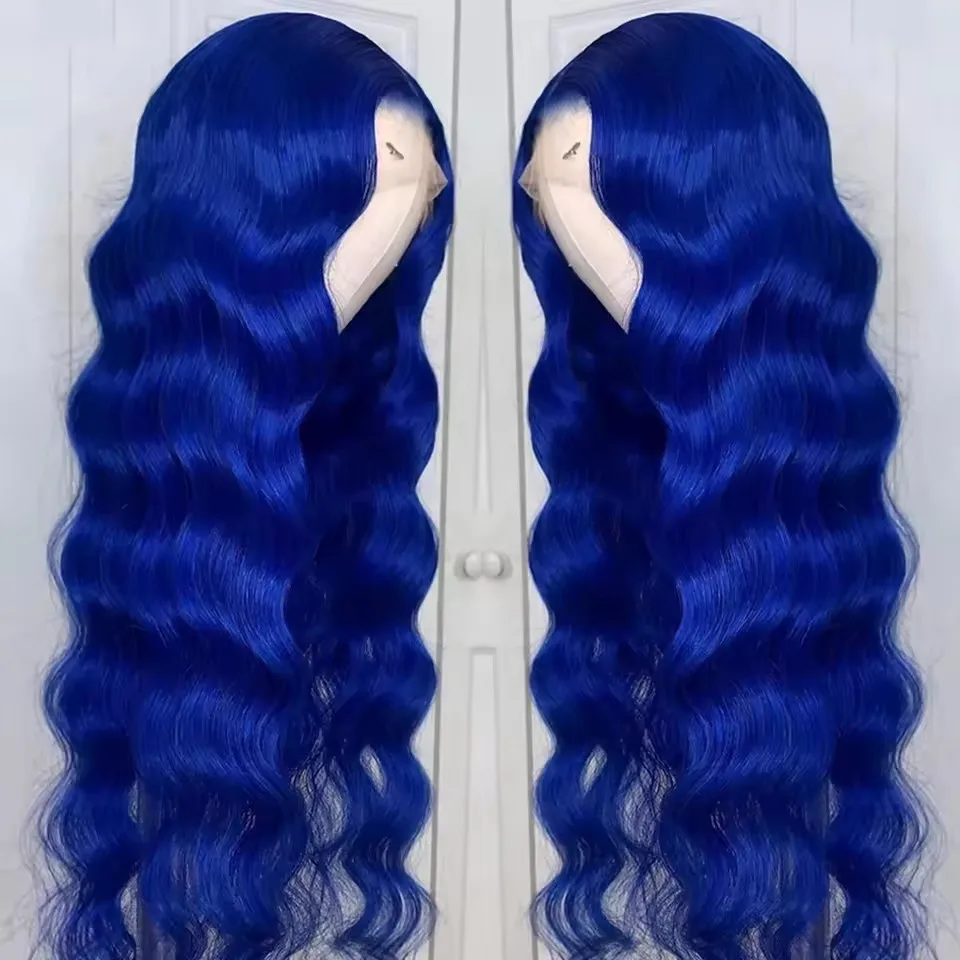 QW Synthetic Hair Blue Deep Wave Soft 13X4 Lace Front Wig For Women Hair Heat Resistant Fiber Cosplay  Daily