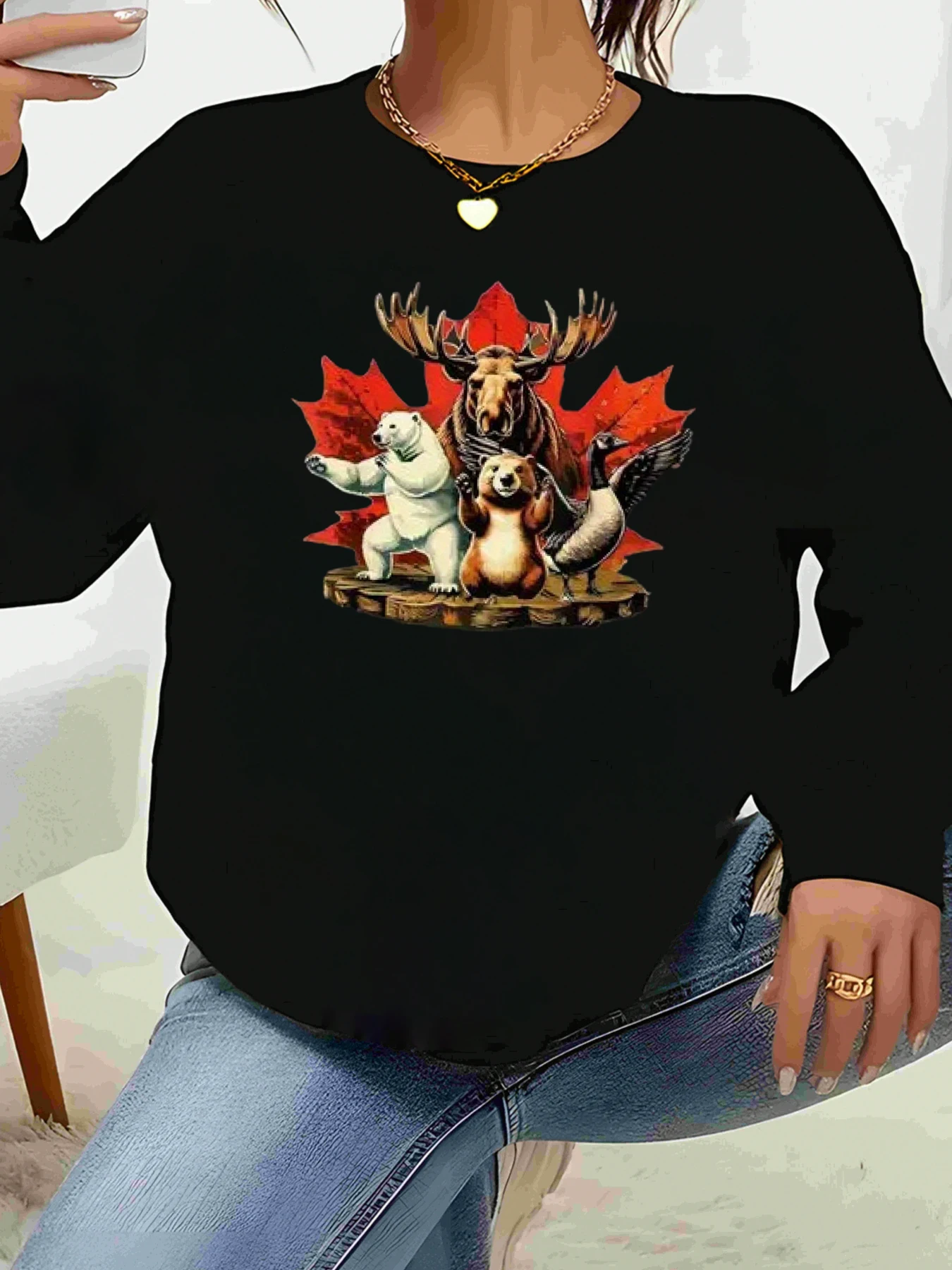 Vida selvagem canadense alce urso castor pato maple leaf impressão camisola de manga longa outono outono casual wear feminino