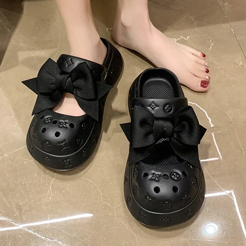 Summer Women Slippers Platform Clogs Garden Shoes Outdoor Beach Sandals Chunky Slippers Cute Bowtie Decoration Vacation Slides