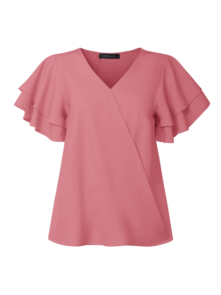 

ZANZEA Elegant Women Party Blouses 2025 Summer Layered Ruffle Sleeve Wrapped V-Neck Blusas Mujer Classy Solid Color Office Tops