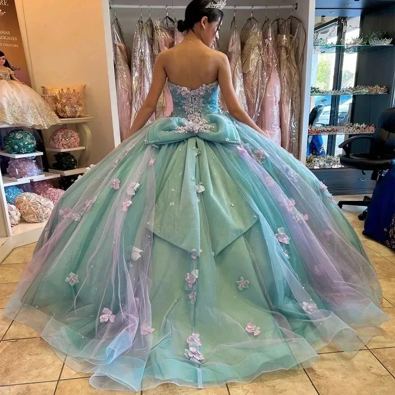 الحبيب تول ثوب الكرة ، فساتين Quinceanera مع القوس ، الخرز ، زهور ثلاثية الأبعاد ، فساتين الحفلات ، 15