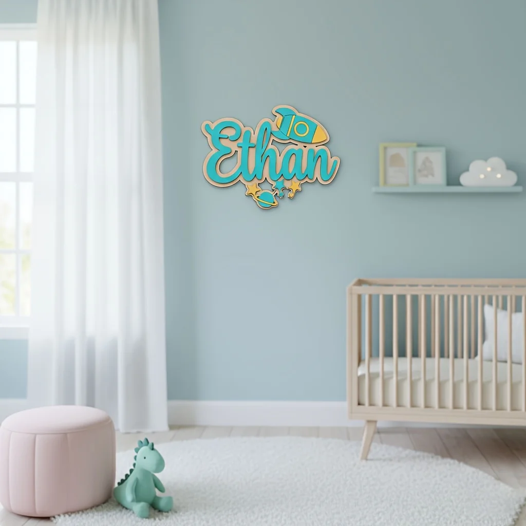 Customized Wooden Rocket Name Plaque Emerald Green & Yellow Themed Hangingwith Durable Star & Planet Accents for Kids Room Decor