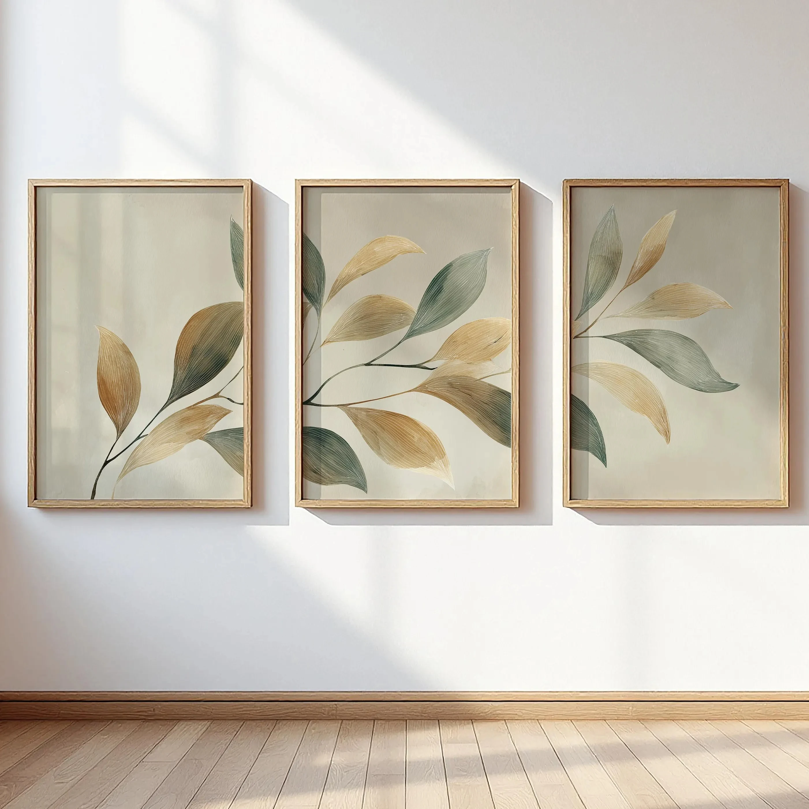 3PCS--Sage Green Olive Golden Botanical Leaf Branch Canvas Wall Art Set, Boho Minimalist Prints,Modern Living Room Bedroom De
