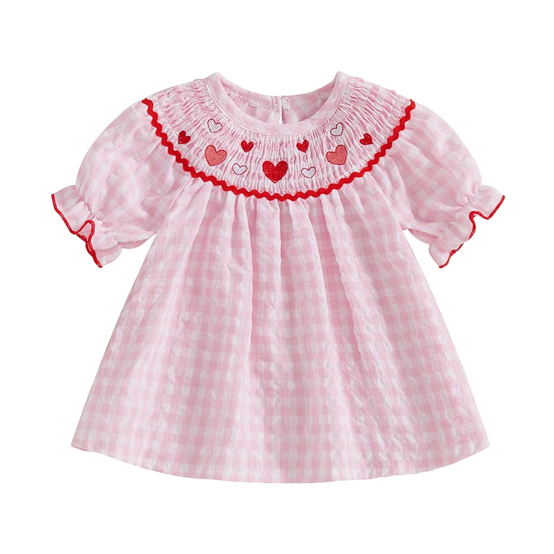 Toddler Baby Girl Valentines Day Outfit Ruffle Smocked Heart Embroidery Dress Plaid Playwear Summer Outfit 6M-4T