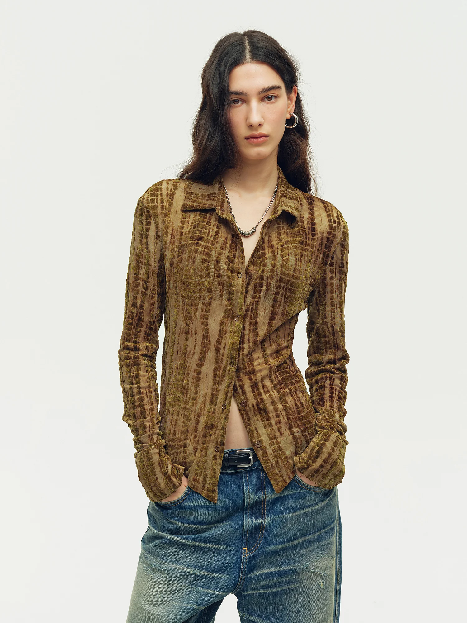 

Элегантная женская блузка ZhuoEn Fu из бархатной ткани с ретро-текстурой и эффектом выжженных цветов, укороченная, приталенная, с завышенной талией