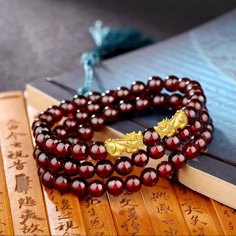 Natural Claret Garnet Multi- Three-Circle Bracelet 3D Hard Gold