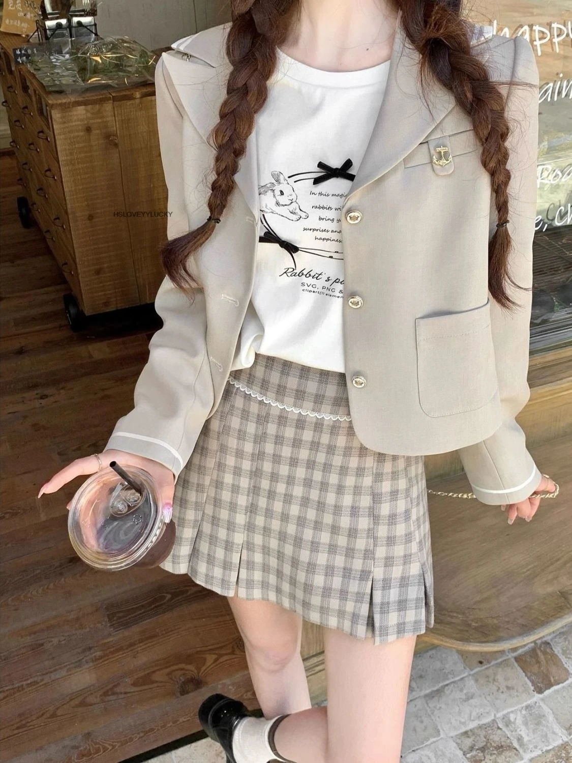 Academic Style Jk Uniform Suit Jacket Plaid Skirt Spring Autumn Korean Style  Niche Design Women Fashionable Jk Uniform Set