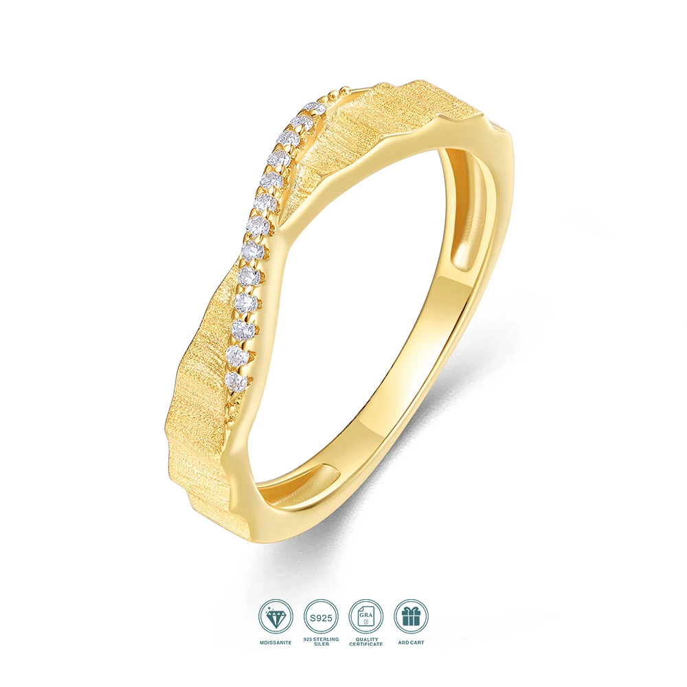 

1pc Moissanite Ring 925 Sterling Silver 18K Gold Plated Textured Band with Zigzag Pavé Design for Women Gift Elegant Jewelry