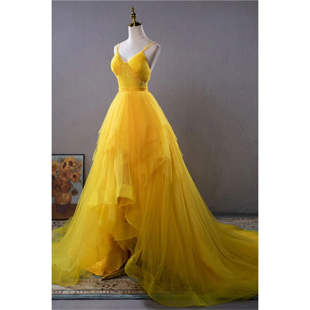 Lily Tiered Layer Charming Prom Dresses Gown Spaghetti Strap Formal Gowns Yellow Beading Tulle Evening Gown vestidos de noche