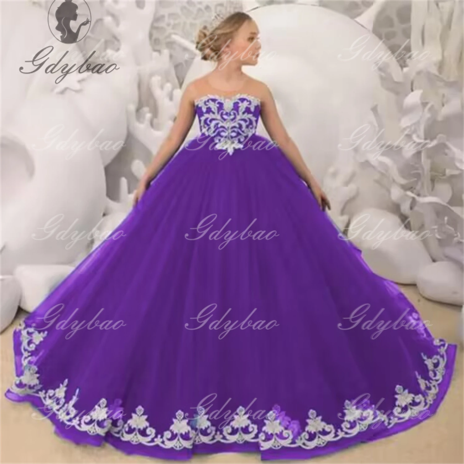 Vestidos florais de casamento para meninas, apliques brancos de tule com laço sem mangas para festa de aniversário de casamento, banquete, vestidos de princesa