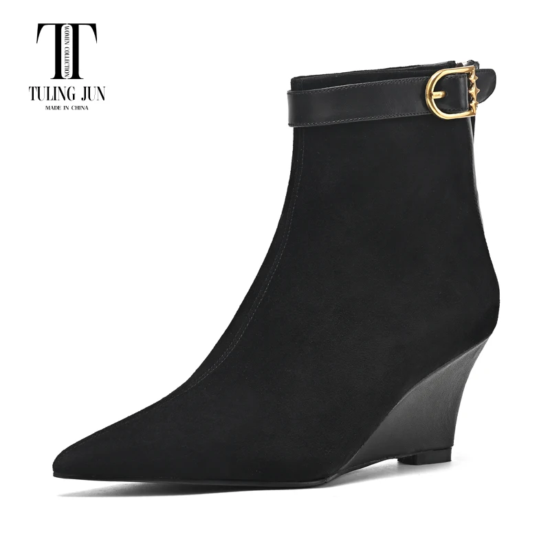 TULING JUN Winter 2023 Concise Famale Pointed Head Ankle Boots High Wedges Mature Solid Color Shoes For Womens Elegant T-A244