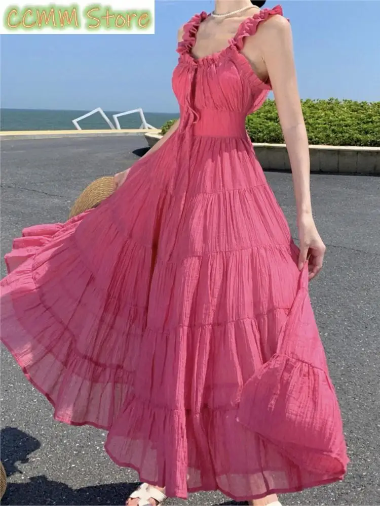Vintage Bandage Holiday Beach Midi Dress Summer Pink Spaghetti Straps Backless Boho Vestidos Female Casual Fairy Clothes Mujer