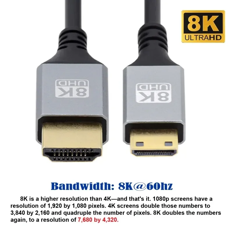 8K Mini HDMI-Compatible 2.1 Ultra Thin HDTV Cable 4K @60Hz Hyper Super Flexible Slim Cord Type-A to Type-C for Camera HDTV