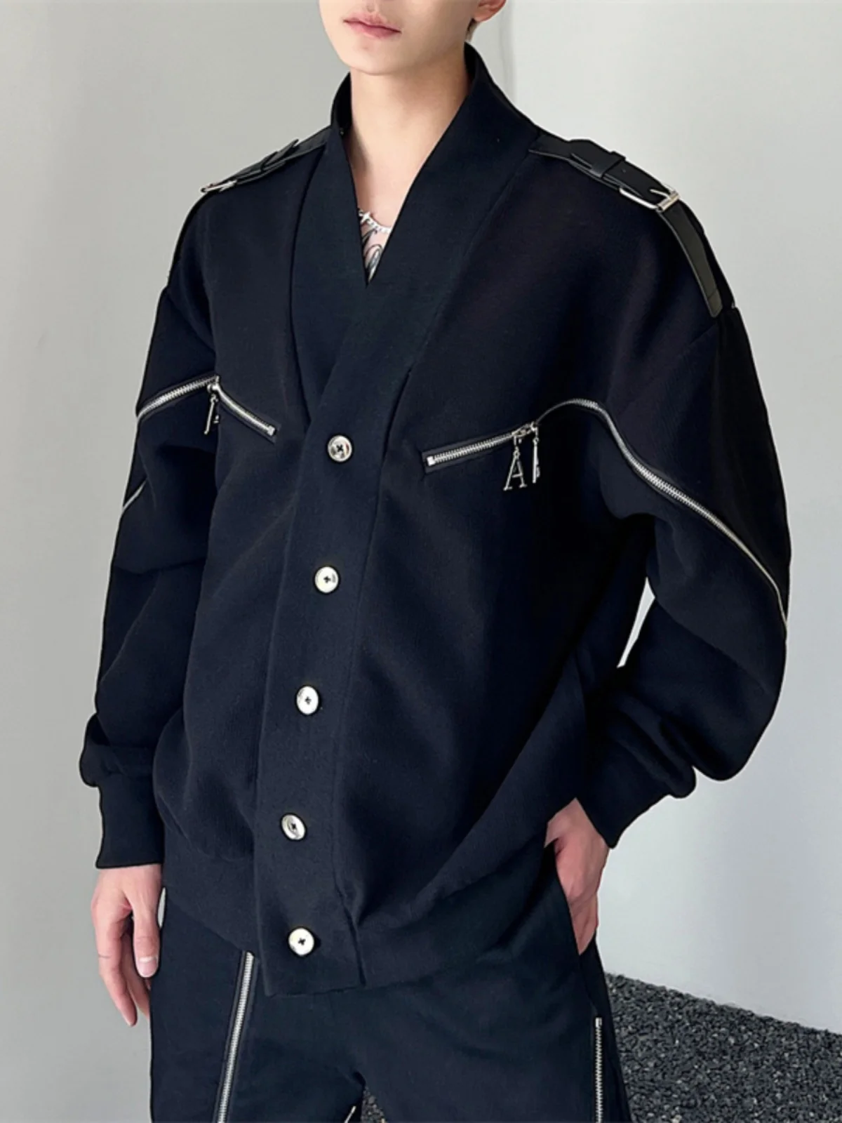 

Металлическая структура V-Ne Открытый кардиган Jaet Мужской тяжелый Du на молнии Разрушенный дизайн Модная молодежная верхняя одежда Long Sve