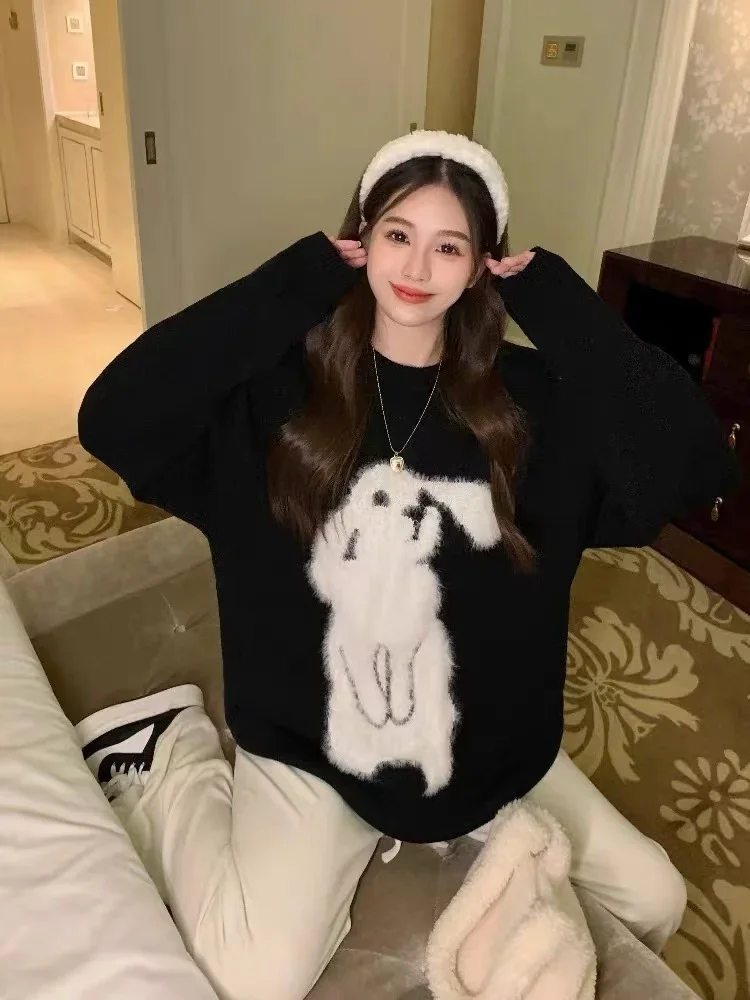 Cute Rabbit Plush Y2kTop Sweater Joker LooseKnitted Shirts Autumn Winter Women Solid Color Kawaii Puppy Round Neck Ins Cashmere