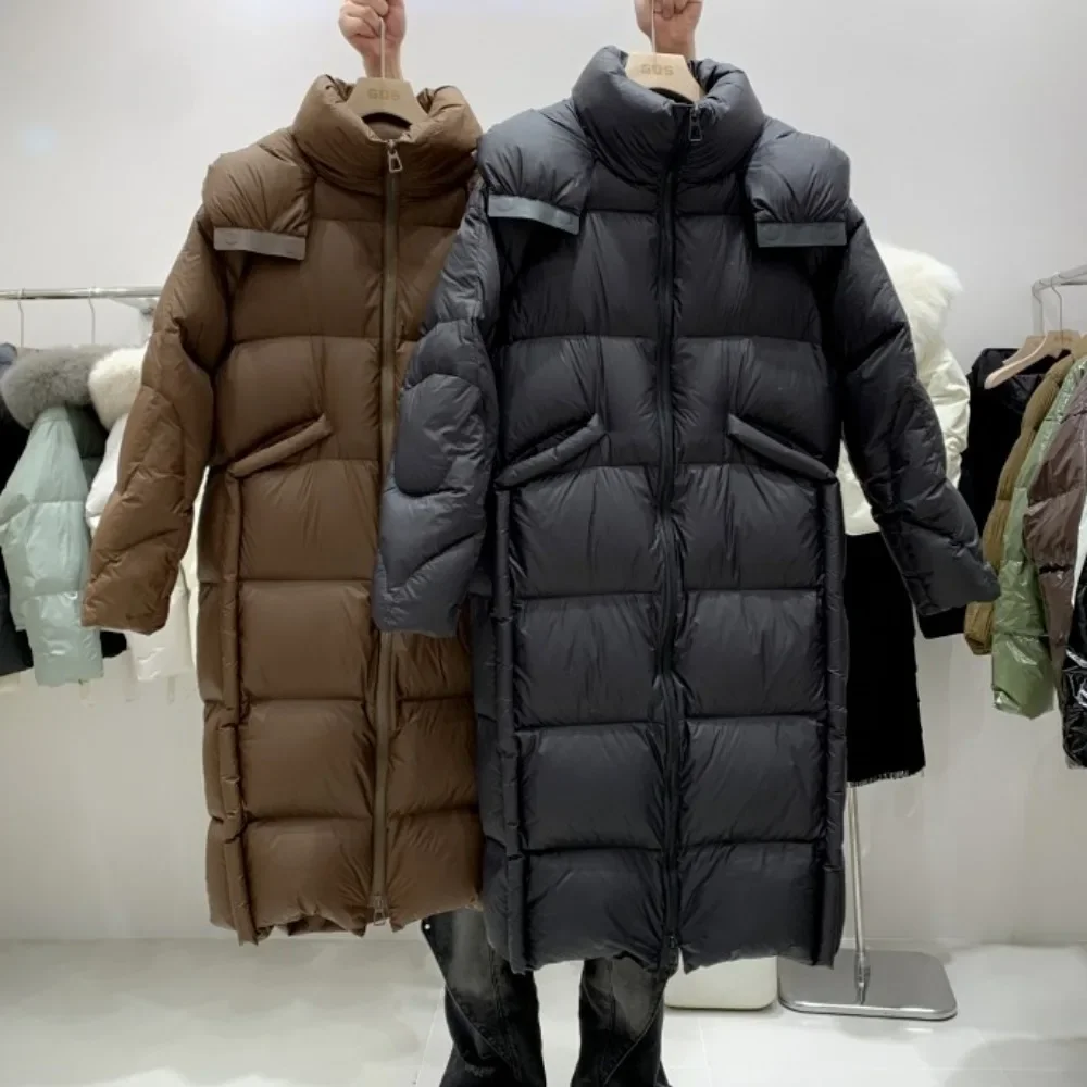 Nueva chaqueta de plumón para mujer, chaqueta acolchada larga de lujo con capucha, abrigo de plumón de pato blanco para mujer, Parkas de plumas esponjosas de invierno, abrigo para mujer
