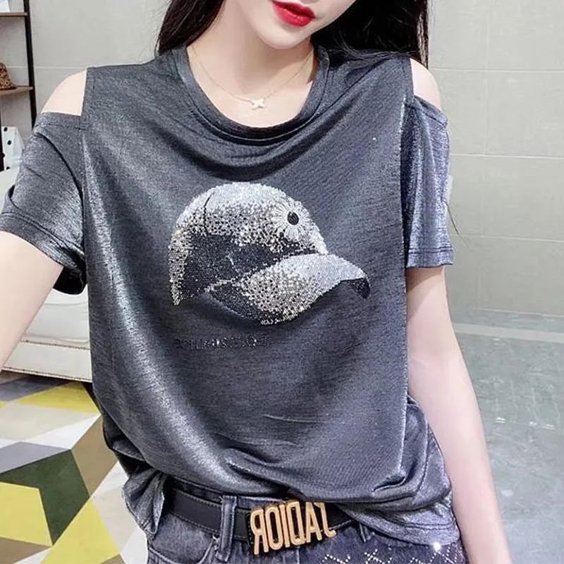 High Street Solid Color T-shirt Female Clothing Chic Diamonds 2023 New Summer Stylish Off Shoulder Casual O-Neck Loose Pullovers