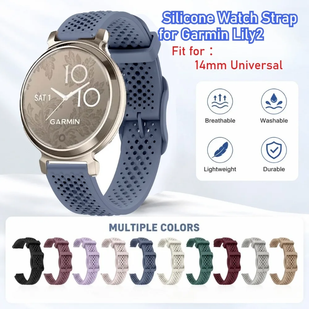 14mm Silicone Watch Strap for Garmin Lily2 Unisex Sports Breathable Sun-shaped Buckle Replacement Watch Strap for Garmin Lily 2
