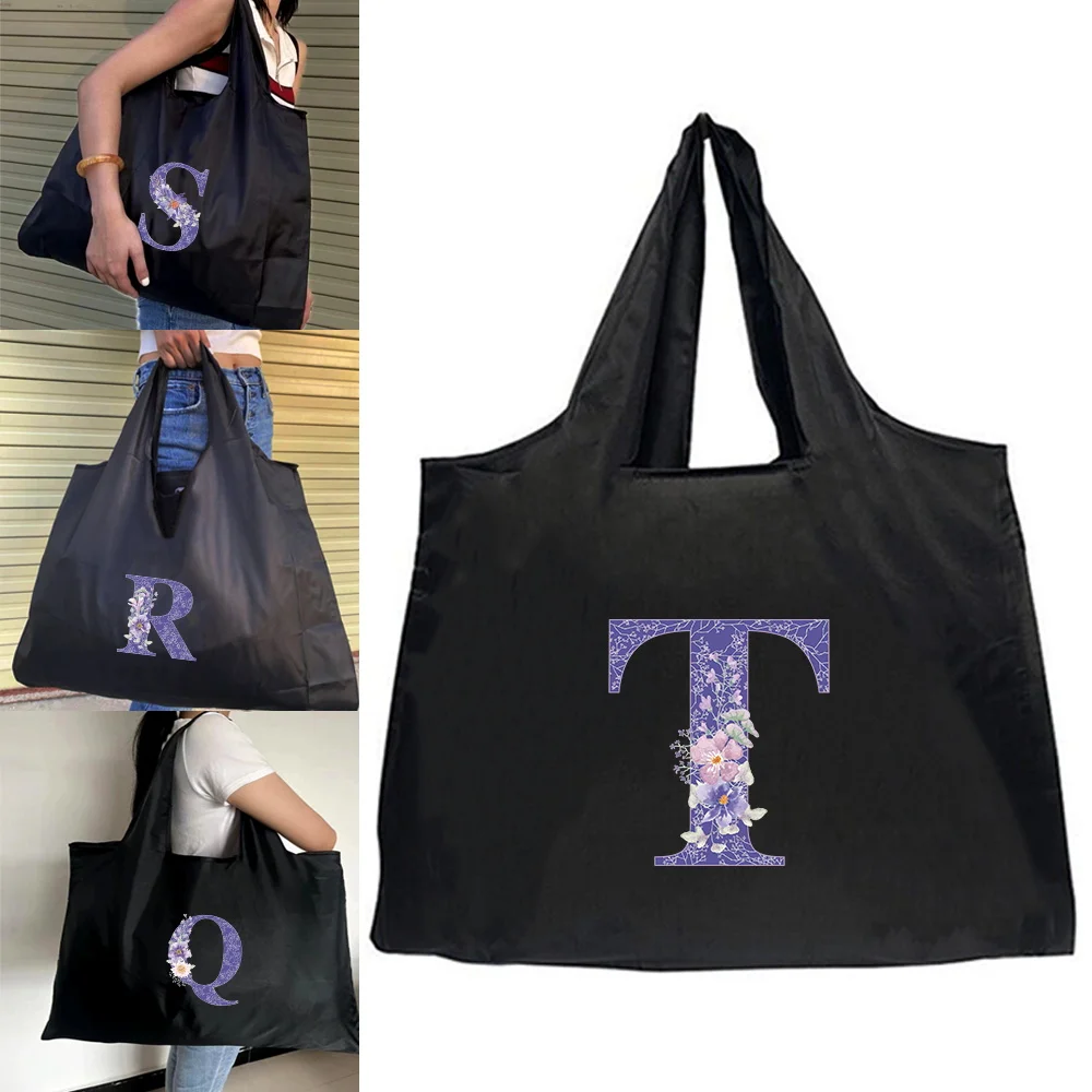 

Складная сумка-шоппер для покупок, пикника, пляжа, с большим объемом, для путешествий, для продуктов, с фиолетовыми буквами и цветами