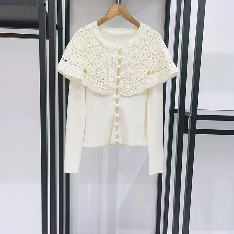 Wool-Blend Crochet Shawl-Style Women's Cardigan, Elegant Commuter Single-Breasted Long-Sleeve Knit Top 2026 Spring New Y2k