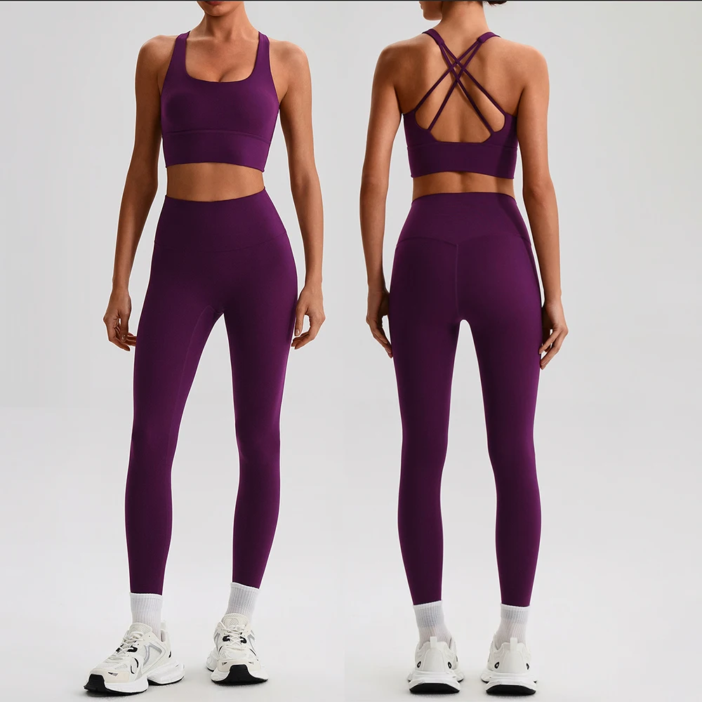 Conjunto de Yoga de sensación desnuda para mujer, ropa deportiva de Fitness, Sujetador deportivo de 2 piezas con tiras, mallas de gimnasio de cintura alta, traje de entrenamiento, ropa activa