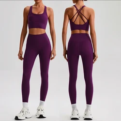 Naked Feel Yoga Set Women Fitness Sportswear 2 Piece Strappy Sports Bra High Waist Gym Leggings Workout Outfit Active Wear