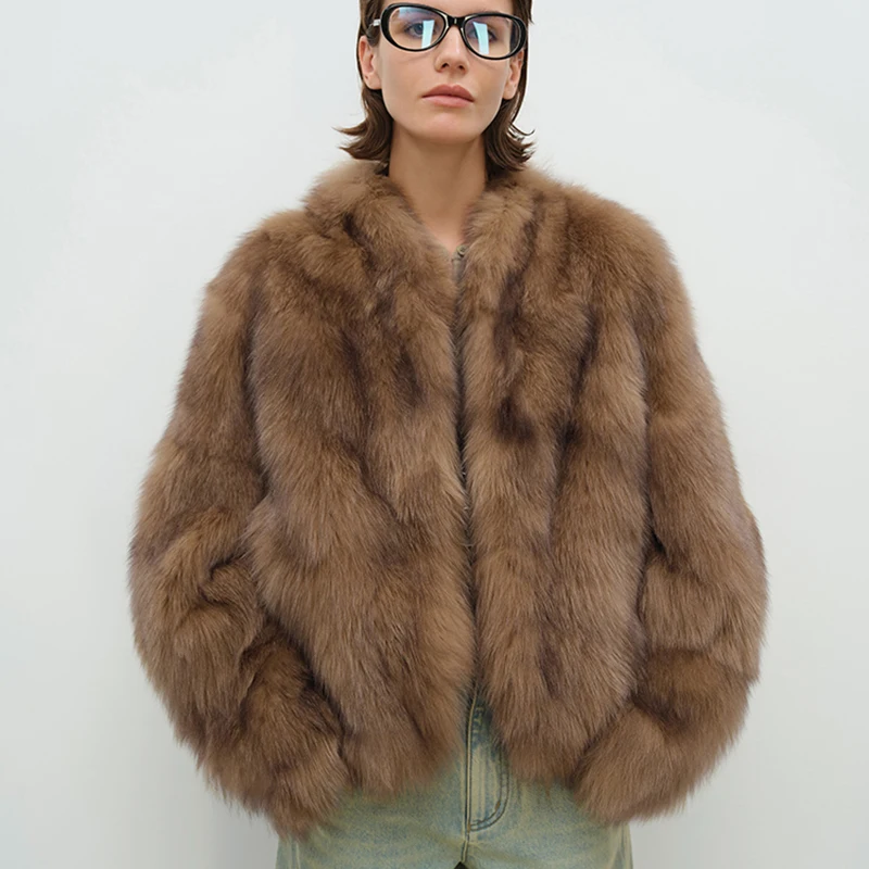 سترة نسائية من فرو الثعلب الصناعي معطف شتوي سميك ودافئ متدرج وأكمام طويلة أنيق غير رسمي ملابس خارجية أمريكية كسول للشارع