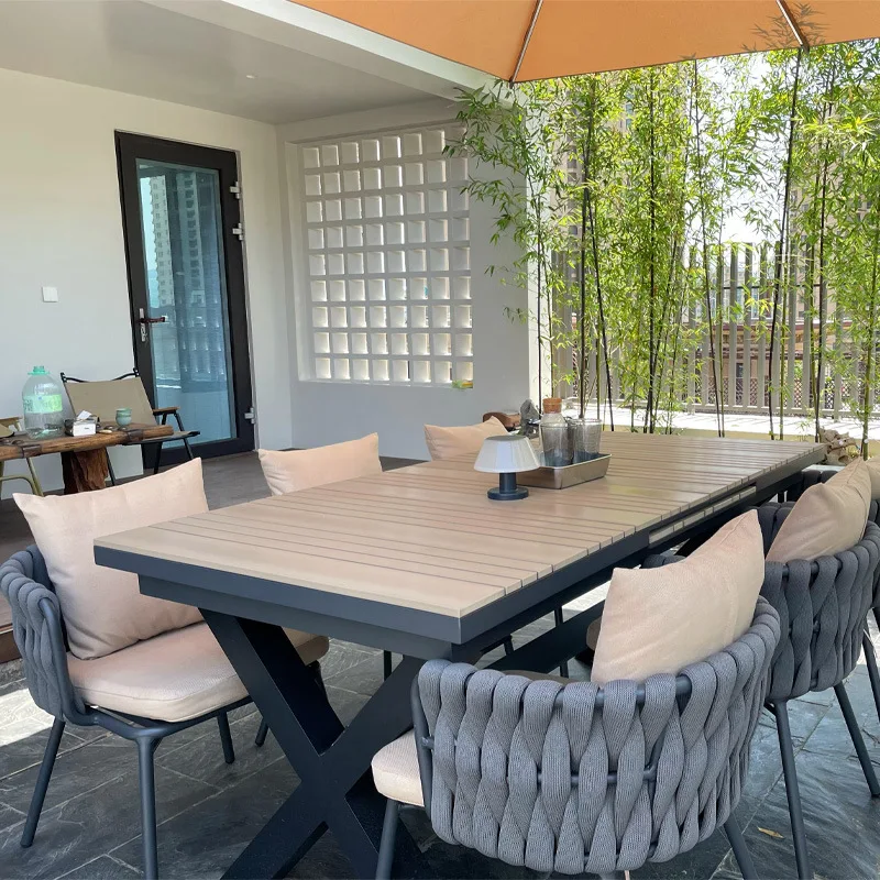 Outdoor Tables and Chairs Garden Rattan Open Balcony Outdoor Leisure Plastic Wood Telescopic Table Aluminum Alloy Dining Set