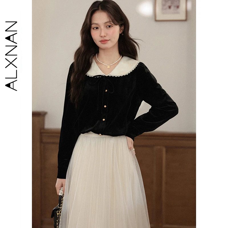 

ALXNAN Women's Black Shirts Long Sleeve Velvet Lace-Trimmed Turn-down Collar Color-blocking Tie Versatile Ladies Blouse L58215