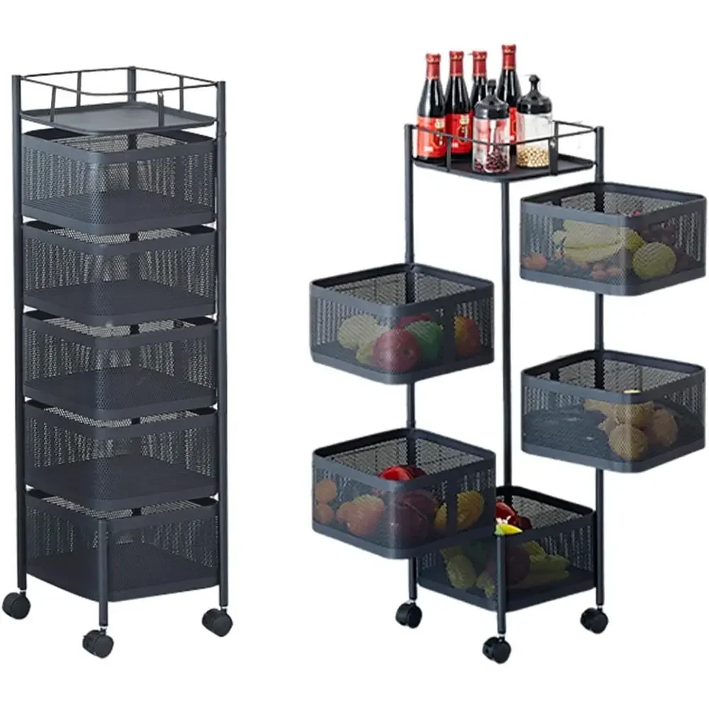 5 Tier Rolling Storage Cart, Metal Mesh Rolling Cart Organizer with Top Lid, Rotating Kitchen Storage Cart, Organizador de rutas