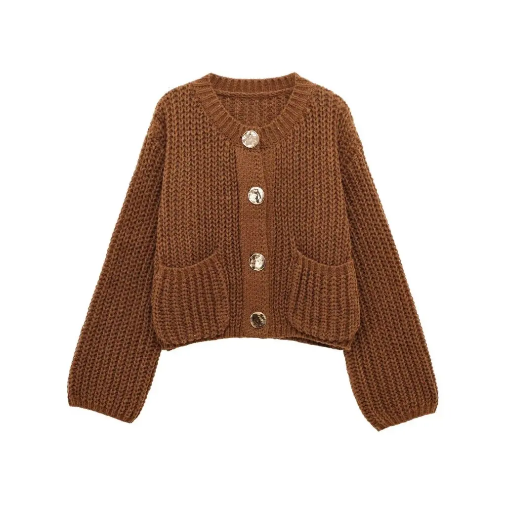 

Autumn Women's Knitted Cardigan Long Sleeve Pocket Coarse Needle Versatile Outerwear European Style New Arrival For Fall