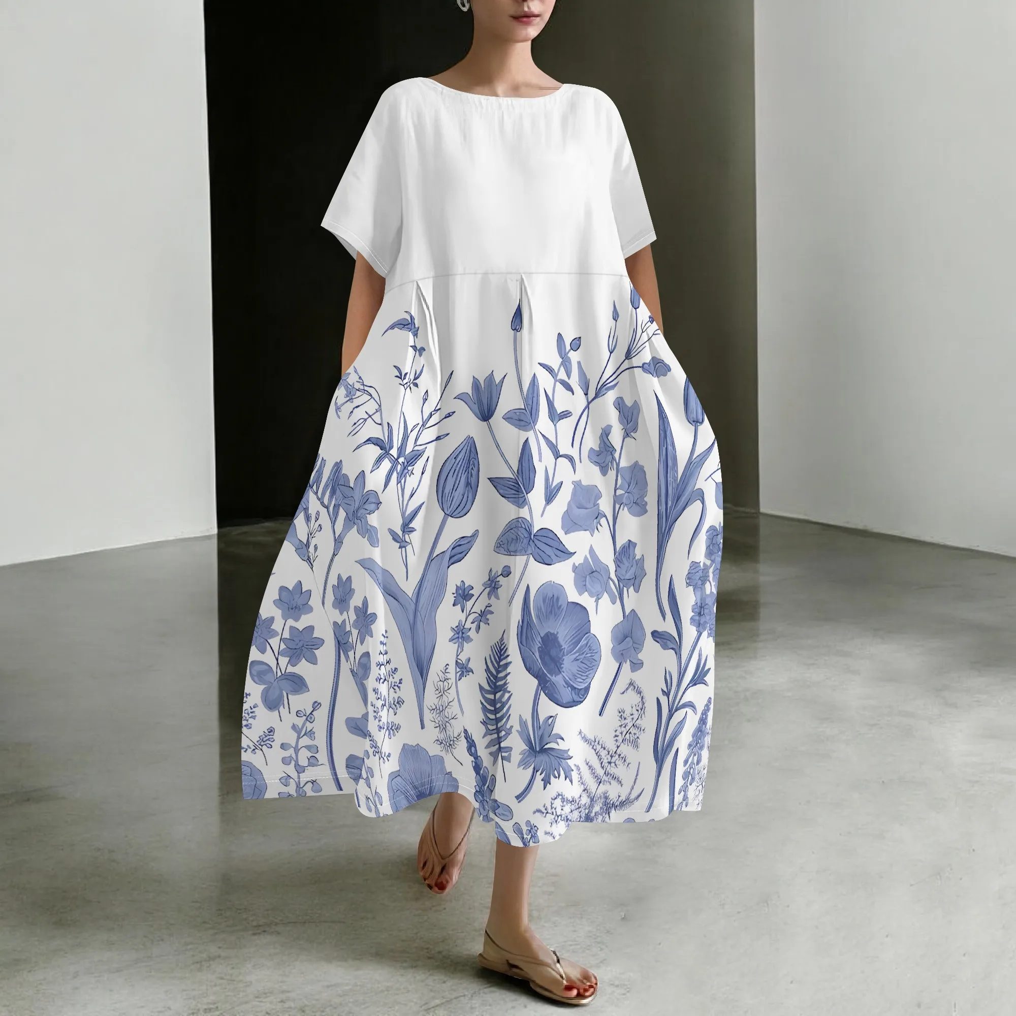 

Nupusa Blue Floral Print Loose Dress for Women Crew Neck Short Sleeve Summer Casual Maxi Dress