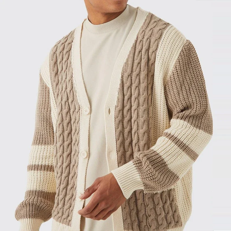 

Fashion Striped Jacquard Patchwork Sweatercoats Men Spring Vintage V Neck Buttoned Sweater Mens Cardigan Jacket Knit Men's Coat