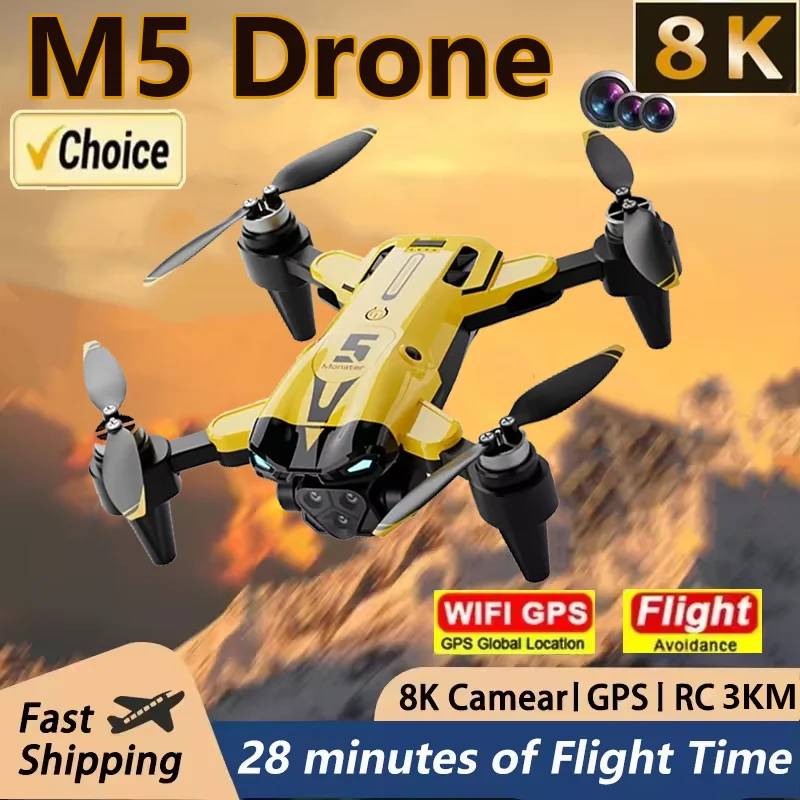 M5 drone 5g profissional 8k com grande angular, três câmeras, evita obstáculos, fluxo óptico, posicionamento, vigilância de segurança
