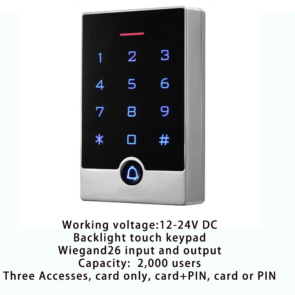 

125KHz RFID Metal Access Control EM Card Reader Waterproof IP67 2000 User Card Reader Keypad Door Access Wiegand 26 input output