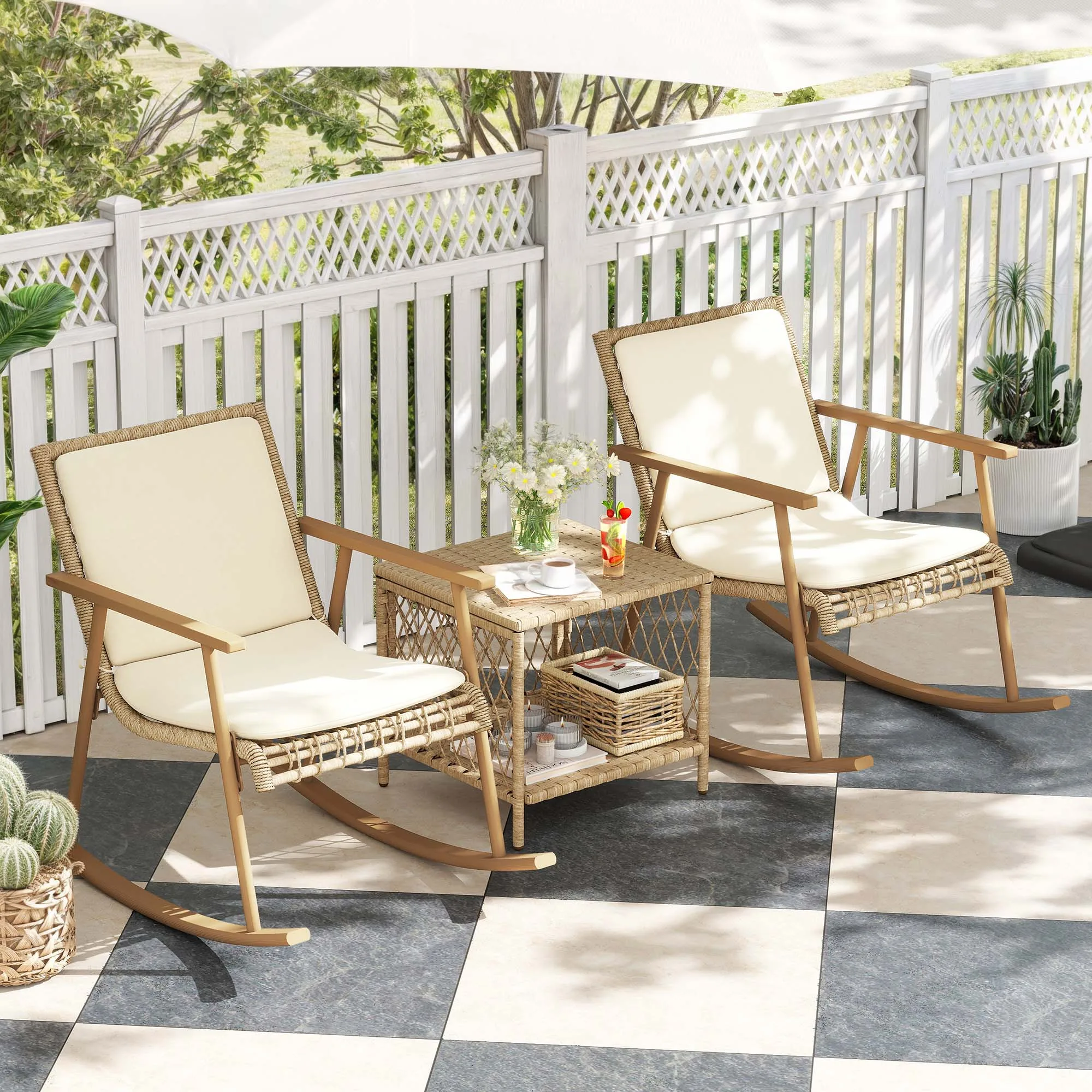 3 Piece Patio Rattan Conversation Set Table Rocking Chairs Backyard Bistro Set