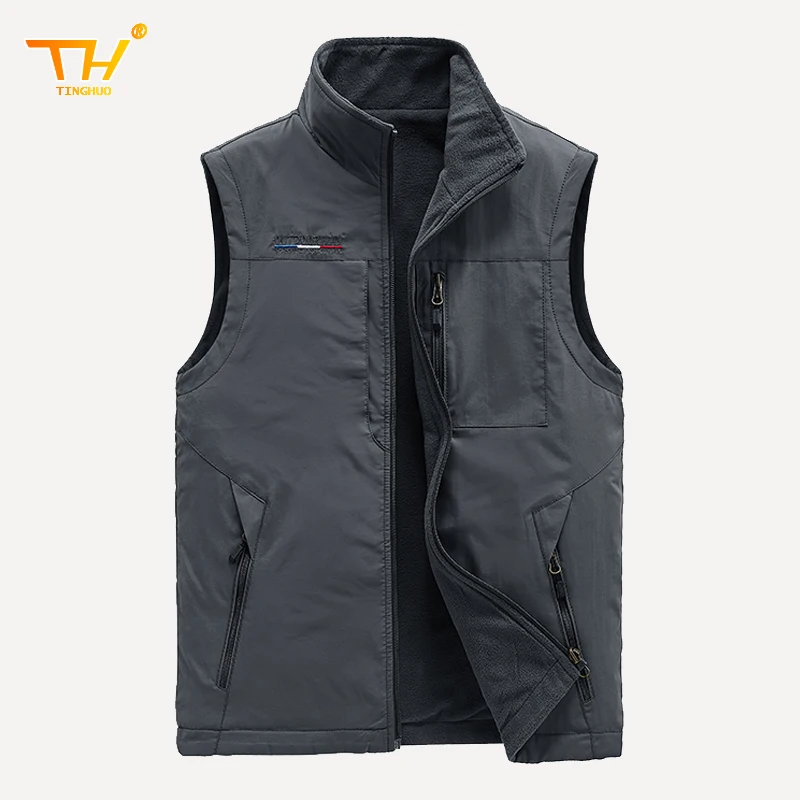 TINGHUO Autumn Winter Men's Vest Double-Sided Vest Coats Men Many Pockets Outdoor Fishing Warm Sleeveless Jacket