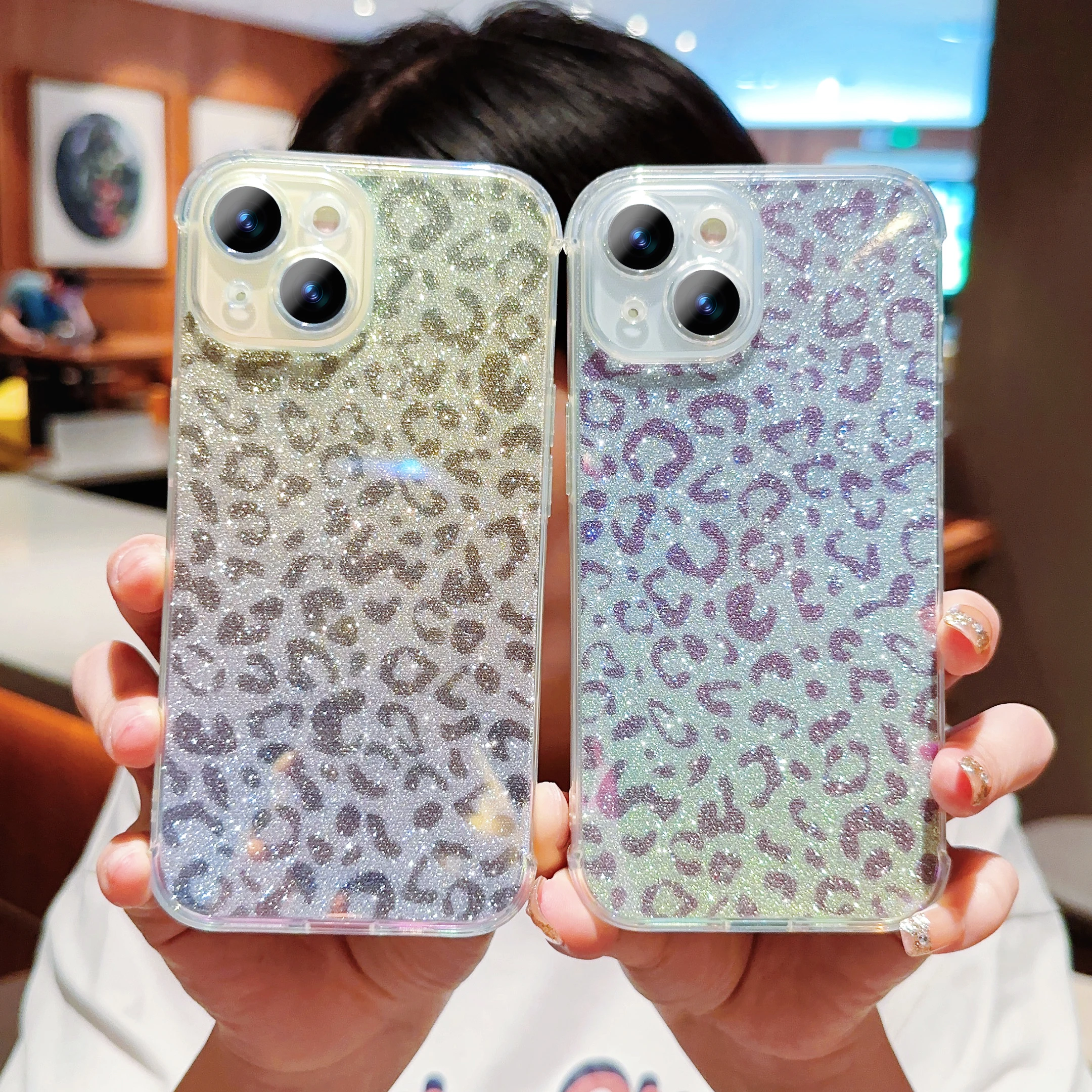 Luxury Leopard Print Phone Case For iPhone 13 14 15 Pro Max 11 12 8 7 Plus iPhone13 Promax XR X XS SE 2 Bling Glitter Back Cover