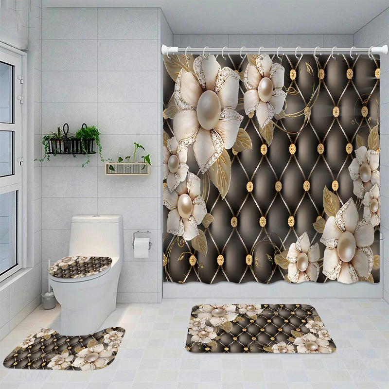 1/4PCs pearl diamond floral pattern shower set, waterproof bath curtain with 12 hooks, U-shaped, toilet cover mat, L